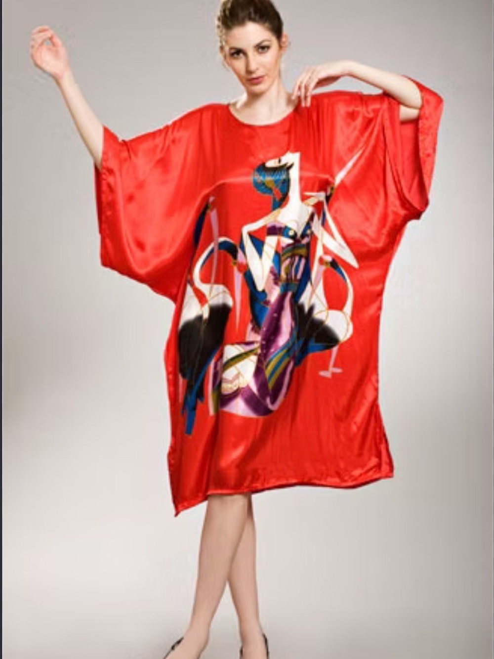 Red Satin Long-Sleeve Graphic Kaftan Dress by - Picture 4 of 4